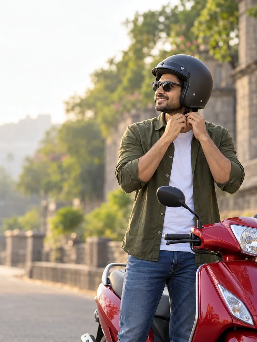 Rider fastening his helmet beside a scooter