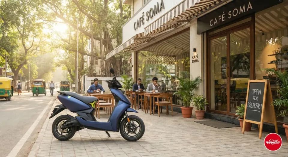 A blue scooter outside a cafe from the Boongg Baner guide